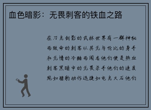 血色暗影：无畏刺客的铁血之路