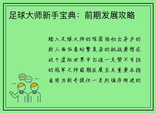 足球大师新手宝典：前期发展攻略